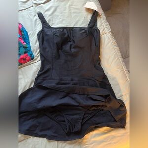 Black One-Piece Swimdress with Skirt